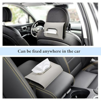 Car Tissue Holder, Premium Leather Rectangular Napkin Case Backseat Tissue Organizer, Classic Style Auto Headrest Storage Box Cover for Regular Size Tissues, Car Accessories (Gray)