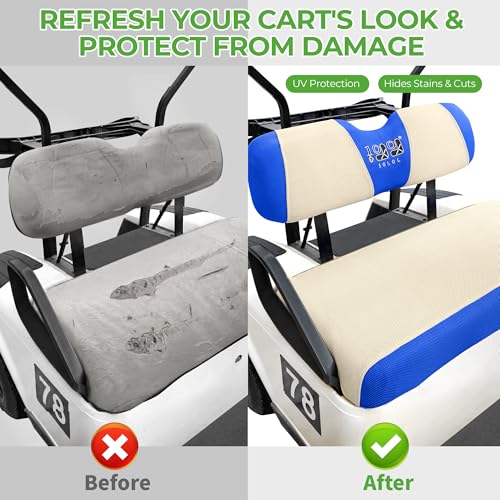 10L0L Golf Cart Seat Covers, Super Comfort Cooler Than Vinyl Seat Cover, Front and Rear Seat Cover for Yamaha EZGO Club Car, No Drilling Breathable Mesh Bench Seat Blanket, Machine Washable - color: Beige + Blue, style: Front Seat - For EZGO TXT & RXV & C