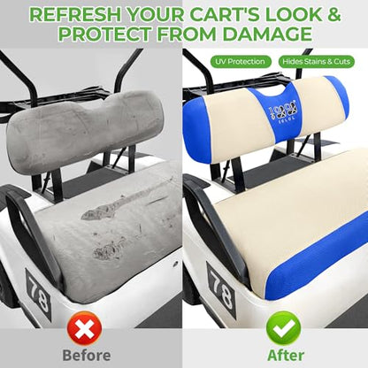10L0L Golf Cart Seat Covers, Super Comfort Cooler Than Vinyl Seat Cover, Front and Rear Seat Cover for Yamaha EZGO Club Car, No Drilling Breathable Mesh Bench Seat Blanket, Machine Washable - color: Beige + Blue, style: Front Seat - For EZGO TXT & RXV & C