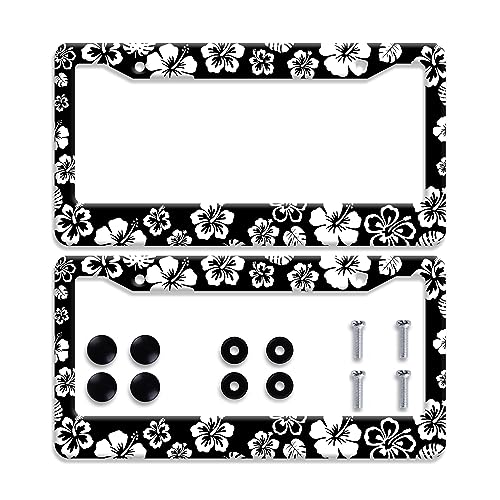 【2Pcs】 White Hibiscus Hawaii License Plate Frames Round Hole Personalise License Plate Frame Car Universal Accessories Stainless Steels Cars Decor Fits Standard US Vehicles Size: 12.2 x 6 Inches - color: 【2Pcs】Black White Hibiscus