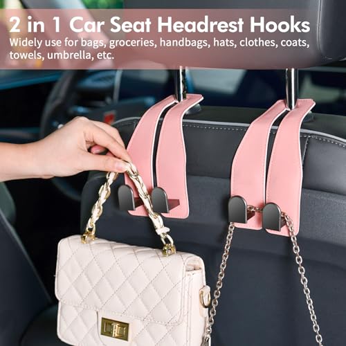 Car Hooks for Headrest, Leather Car Seat Back Storage Organizer Interior Accessories, More Wide & Deep Auto Seat Hook Hangers for Purse Umbrellas Handbag Clothes Coats Grocery Bags (Pink-2 Pack)
