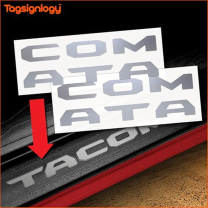 Prime Series UV Weatherproof Vinyl Decals: Pair of Left and Right Front Door Sill Protector Letter Inserts fits Tacoma 2016-2023 (Metallic Silver) - color: Metallic Silver