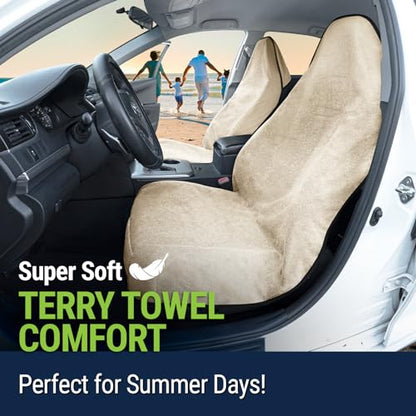 Season Guard Towel Seat Cover, Waterproof Car Seat Protectors for Gym, Workout & Active Lifestyle, Universal Fit for Car SUV Truck Van, Non-Slip 3 Strap Design, Machine Washable, 2 Pack Tan