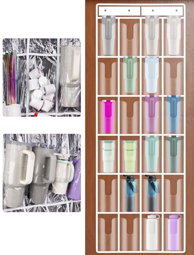 NiHome Clear 24 Pockets Door Hanging Water Bottle Organizer Compatible with 40oz Stanley Tumblers, Hanging PVC Storage Holder With Hooks for Cups, Mugs, Foldable, Large Capacity for Kitchen