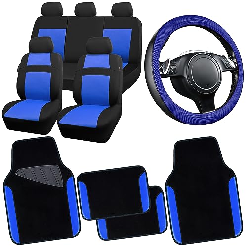 CAR PASS 3D Air Mesh Car Seat Covers Full Sets w/5mm Sponge, 4Pcs Waterproof Car Floor Mats, Steering Wheel Cover Universal Fit for SUV Sedan Truck, Airbag Compatible Automotive Interior(black & blue) - color: Blue Combo