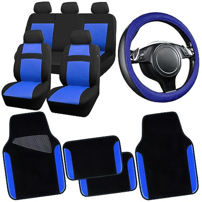 CAR PASS 3D Air Mesh Car Seat Covers Full Sets w/5mm Sponge, 4Pcs Waterproof Car Floor Mats, Steering Wheel Cover Universal Fit for SUV Sedan Truck, Airbag Compatible Automotive Interior(black & blue) - color: Blue Combo