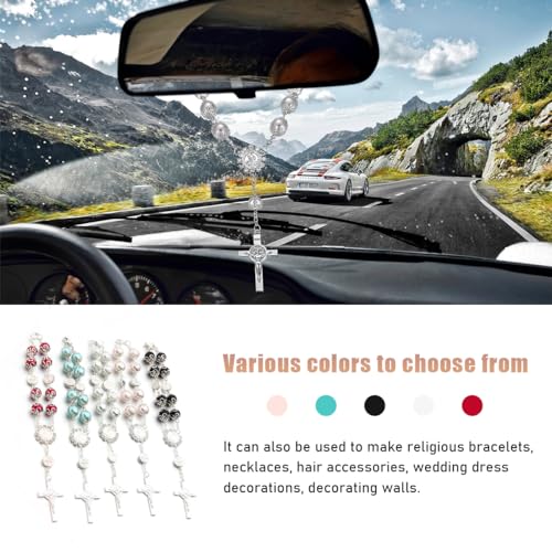 Car Rosary for Rearview Mirror, Personalized Rear View Cross Blessing Beads Decor, Auto Rearview Catholic Rosary Hanging Pendant, Car Interior Hanging Accessories (Silver)