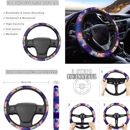 Wolf Flower Printed 15 Pcs Car Seat Cover Full Set, Protective Auto Accessories Set Front Rear Seat Covers Steering Wheel Protector Car Headrest Cover Keychain - color: Purple-Wolf Flower