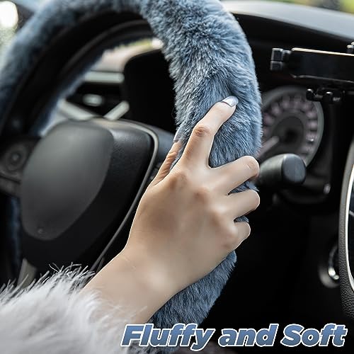 SEG Direct Furry Car Steering Wheel Cover with Fluffy Gear Shift Cover Soft Warm Non-Slip Car Decoration for Men Women Girls 2 PCS Set, Blue Gray