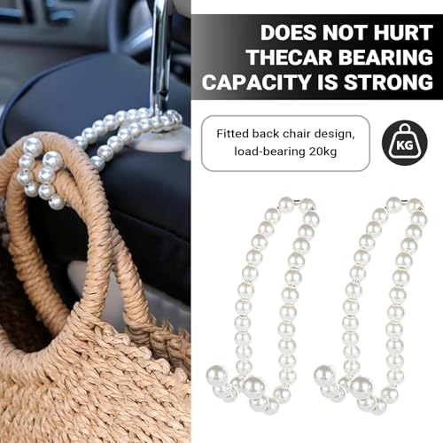 2 PCS Car Seat Headrest Hooks, Cute Pearl Car Purse Hook, Stainless Steel Auto Seat Backrest Storage Hook, Universal Automotive Interior Organizer Accessories for Women Girls (White)