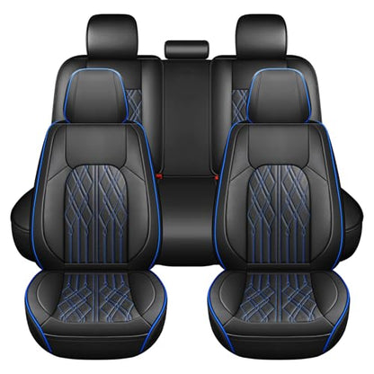Huidasource Car Seat Covers Full Set, Leather Seat Cover Universal Fit for Most Cars Sedans SUVs Trucks, Airbag Compatible, Cup Holder Access, Easy Install, Wipes Clean, Wear-Resistant, Black&Blue - color: A-Black&Blue, size: 5pcs Full Set