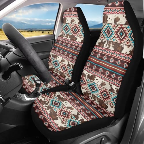 Car Front Seat Covers Stretch Polyester Fabric Cover Universal Aztec Cow Print Car Seat Cover Protection Interior Accessories Universal Fit for Most Vehicles - color: Aztec Cow Print