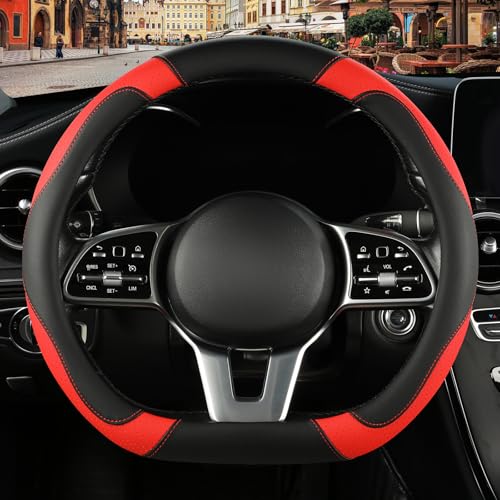 Microfiber Leather D Shaped Steering Wheel Cover, Breathable, Anti Slip, Universal 15 inch, Black with Red - color: Black Red, size: D Shape-Middle[14.5''-15'']