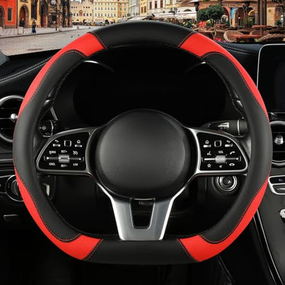 Microfiber Leather D Shaped Steering Wheel Cover, Breathable, Anti Slip, Universal 15 inch, Black with Red - color: Black Red, size: D Shape-Middle[14.5''-15'']