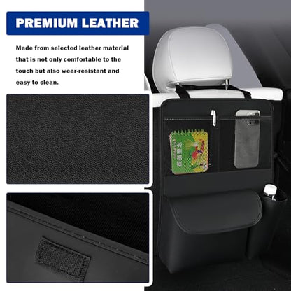 Leather Car Trunk Organizer,Large Capacity Backseat Car Organizer with 2 Mesh Pockets & Cup Holder,Detachable Hanging Cars Organizers and Storage for Family Road Trips
