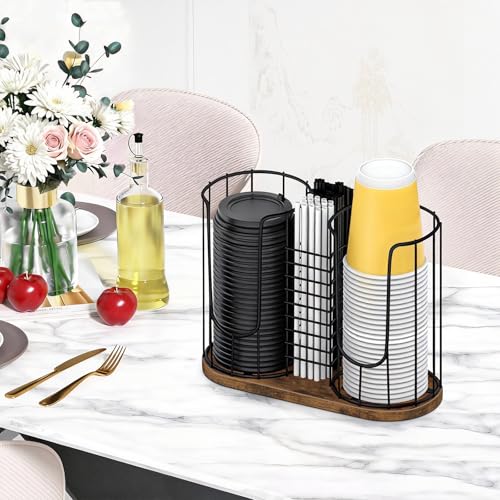 Coffee Cup Holder 18oz 3-Compartment Paper Cup Dispenser Rack with Wood Base - Disposable Cup, Straw & Lid Organizer 3-in-1 Storage for Countertop, Coffee Bar, Kitchen, Office