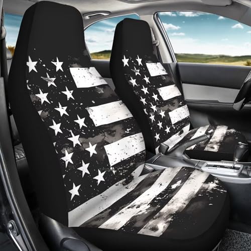 FUSURIRE Black USA Flag Print Car Seat Cover Full Set Car Seat Covers, Front Bench Seat Protector Full Set of 4 for Women Men Universal Fit for Most Vehicle，Independence Day - color: Black USA Flag Print