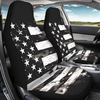 FUSURIRE Black USA Flag Print Car Seat Cover Full Set Car Seat Covers, Front Bench Seat Protector Full Set of 4 for Women Men Universal Fit for Most Vehicle，Independence Day - color: Black USA Flag Print