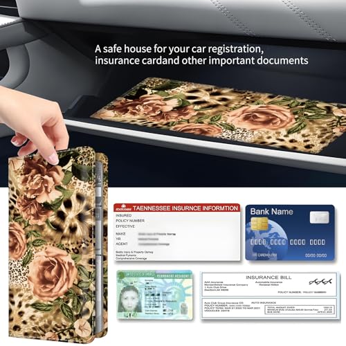 Premium Car Registration and Insurance Card Holder, Cute PU Leather Car Document Holder, Vehicle Glove Box Car Organizer with Magnetic Closure for Driver License, Cards Leopard Roses - color: Cards Leopard Roses