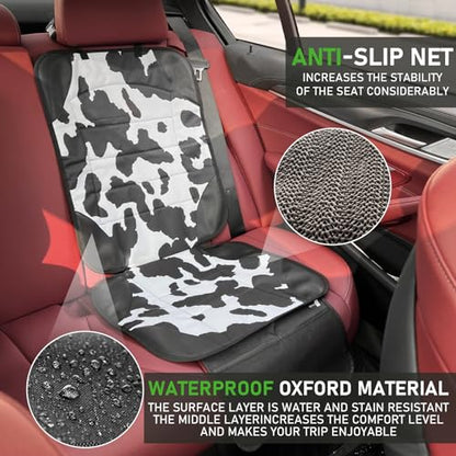 Car Seat Protector for Child Car Seat,Waterproof Car Seat Cover with Thick Padding, Non-Slip Backing, Protects Fabric & Leather Seats, 2 Mesh Storage Pockets(Cow Print)