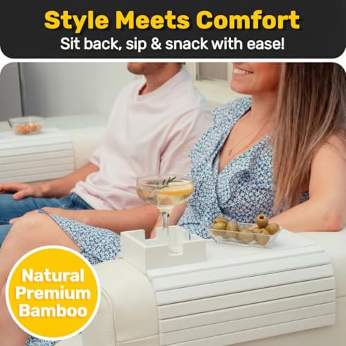 Bamboo Couch Holder - Non-Slip Furniture Protector, Sofa Armrest Table for Mugs & Tumblers – Weighted 16” Large White Bamboo Holder for Recliners and Loveseats - color: White