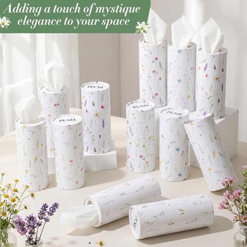 Outus 12 Pcs Floral Car Tissue Holder Cylinders with 3 Ply Facial Tissue Bulk, Portable Paper Dispenser for Cup Holder, Travel Bathroom Table Decor, Tissues Boxes Container for Home Office Party - style: Wildflower
