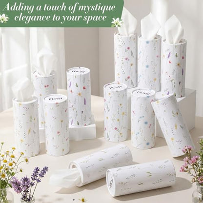 Outus 12 Pcs Floral Car Tissue Holder Cylinders with 3 Ply Facial Tissue Bulk, Portable Paper Dispenser for Cup Holder, Travel Bathroom Table Decor, Tissues Boxes Container for Home Office Party - style: Wildflower