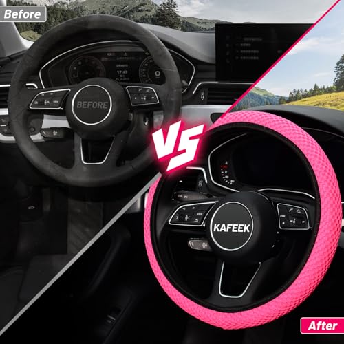 KAFEEK Elastic Stretch Steering Wheel Cover 15 Inch, Breathable Ice Silk Microfiber, Non-Slip Grip, Warm in Winter and Cool in Summer, Odorless, Car Accessories Fit Cars, SUVs, Rose Red - color: rose red
