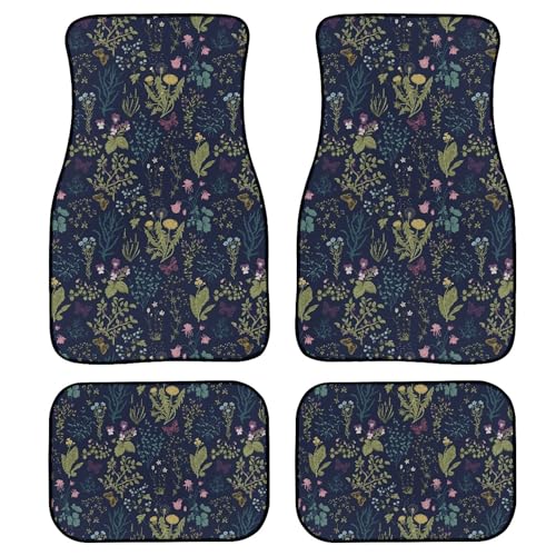 Floral Car Floor Mats 4Pcs Vintage Garden Plants with Herbs Wildflowers Butterfly Botanical Design Floor Mats for Cars Custom Front Rear Vehicle Rugs Universal Auto Accessories for Trucks - color: Green Pink Yellow