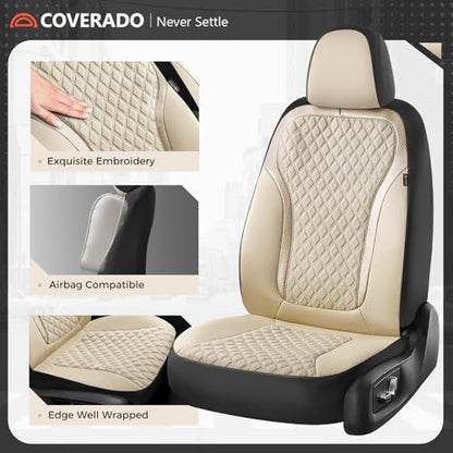 Coverado Car Seat Covers Full Set, Beige Car Seat Covers, Luxury Leather Car Seat Cover with Carbon Fiber Textured Design, Spill-Proof Seat Cushions, Automotive Seat Cover Universal Fit Most Cars - color: Beige, size: Full set