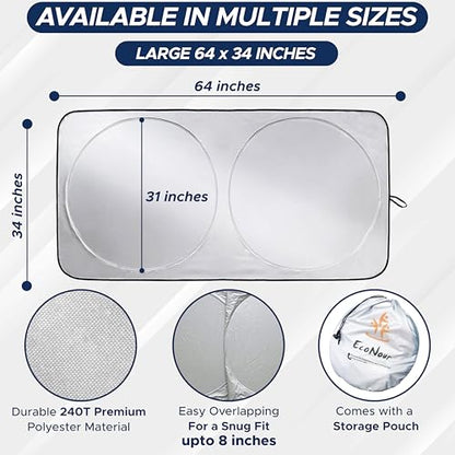 EcoNour Car Front Windshield Sun Shade for Car | SUV Accessories for Maximum Sun and Heat Protection | UV-Blocking Windshield Dash Cover & Sun Visor for Cooler Interior | Large (64 x 34 Inches)