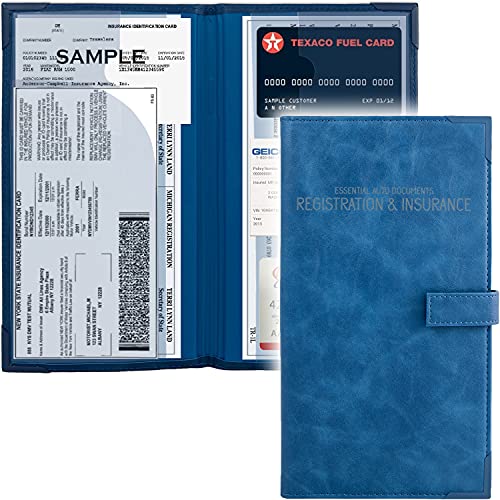 Auto Insurance and Registration Card Holder - Vehicle Glove Box Document Organizer - Car Essential Paperwork Holder for DMV, AAA, Contact Information Cards - Premium PU Leather Wallet Case - Blue - color: Blue
