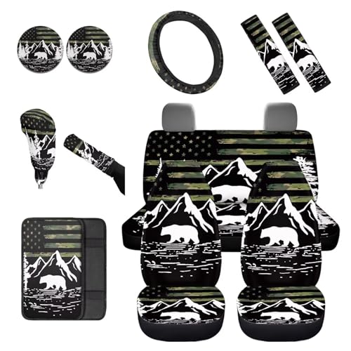 Dreaweet Car Seat Covers Full Set American Flag Mountains Bear Design Seat Covers for Truck SUV Cars with Steering Wheel Cover/Armrest Cover/Seatbelt Covers/Car Coasters/Gear Shift Cover,12 Pcs Set - color: American Flag Mountains Bear