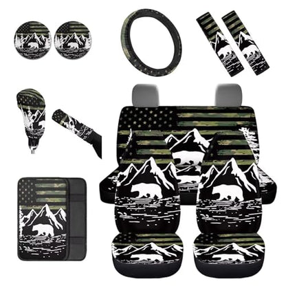 Dreaweet Car Seat Covers Full Set American Flag Mountains Bear Design Seat Covers for Truck SUV Cars with Steering Wheel Cover/Armrest Cover/Seatbelt Covers/Car Coasters/Gear Shift Cover,12 Pcs Set - color: American Flag Mountains Bear