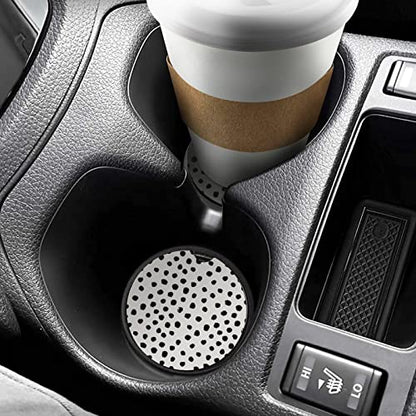 Absorbent Car Cupholder Coaster 2 Pack,Ceramic Stone with a Finger Notch for Women & Lady,Cork Base Drink Coasters 2.56 Inch,Cute Auto Accessories Gifts - Cute Black Polka Dot