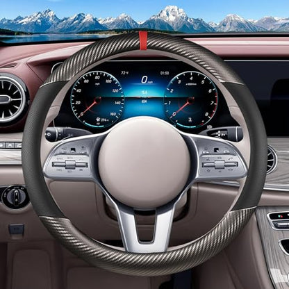 Black & Grey Carbon Fiber Leather Steering Wheel Cover, Microfiber Leather, Anti-Slip, Breathable, Universal Fit for 14.5–15 in Steering Wheel Cover for Men Women - color: Splicing Carbon Fiber - Black and Grey
