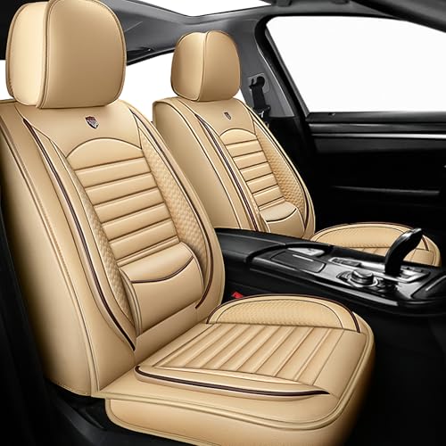 Luxury Custom Fit PU Leather Seat Covers for Ford F150, Tesla, Toyota, and SUVs – Waterproof Full Set, Airbag Compatible, 360° Wrap Design (Beige)