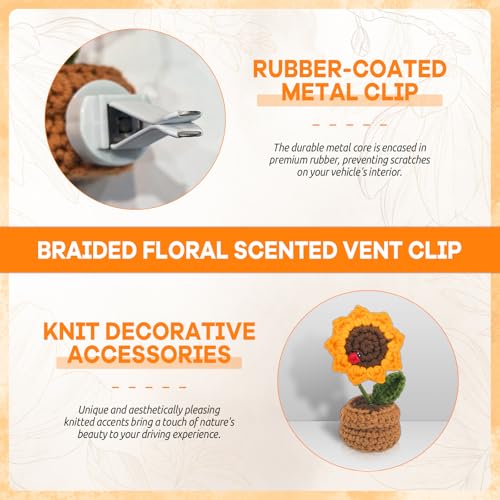 Crochet Sunflower Car Vent Clip, Cute Handmade Knitted Flowers Potted Cars Vent Clips, Automotive Interior Decoration for Women Girl (Sunflower, Yellow)