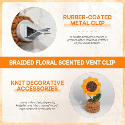 Crochet Sunflower Car Vent Clip, Cute Handmade Knitted Flowers Potted Cars Vent Clips, Automotive Interior Decoration for Women Girl (Sunflower, Yellow)