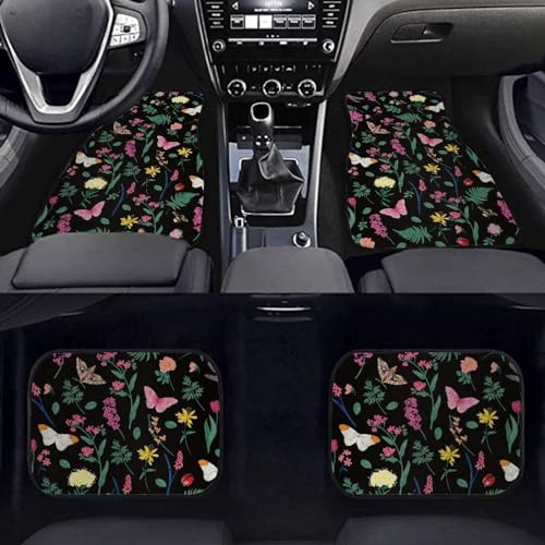 Butterfly Floral Leaf Car Floor Mats Front & Rear Full Set with Non Slip Rubber Backing, All Weather Protection Set of 4 Car Essentials - color: Butterfly Floral Leaf