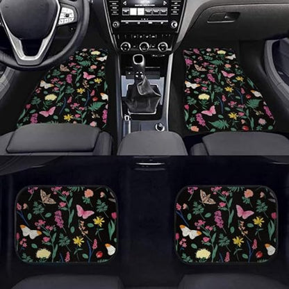Butterfly Floral Leaf Car Floor Mats Front & Rear Full Set with Non Slip Rubber Backing, All Weather Protection Set of 4 Car Essentials - color: Butterfly Floral Leaf
