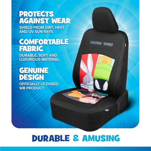 Looney Tunes Car Seat Covers – 2-Piece Front Seat Covers Featuring Bugs Bunny, Marvin the Martian, Taz & Daffy Duck – Universal Fit for Cars Trucks SUV Seat Covers for Car Cute Cartoon Car Accessories - size: 2 Front, style: Looney Tunes