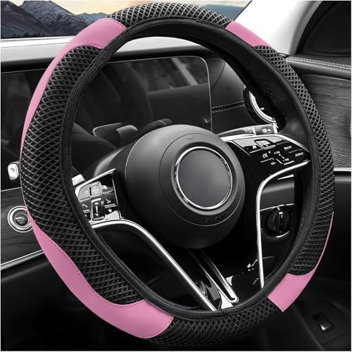 Elastic Stretch Steering Wheel Cover, Warm in Winter and Cool in Summer, Universal 15 inch Microfiber Breathable Ice Silk Anti Slip Car Interior Accessories, Odorless, (Black Pink) - color: Pink