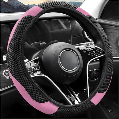 Elastic Stretch Steering Wheel Cover, Warm in Winter and Cool in Summer, Universal 15 inch Microfiber Breathable Ice Silk Anti Slip Car Interior Accessories, Odorless, (Black Pink) - color: Pink