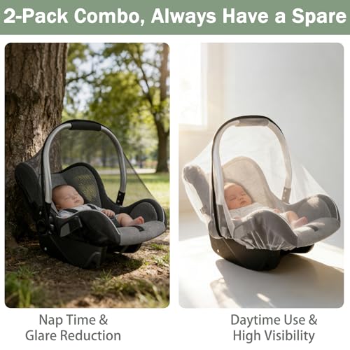 2 Pack Baby Mosquito Net for Infant Car Seats - Mosquito Net for Baby Car Seats, Stroller, Bassinet, Carrier - Breathable Elastic Netting Easy Fitting - Durable Long Lasting Shield (White + Black)