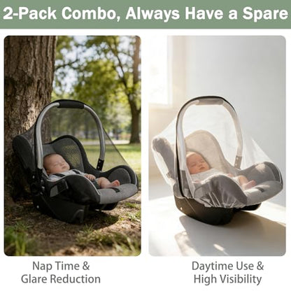 2 Pack Baby Mosquito Net for Infant Car Seats - Mosquito Net for Baby Car Seats, Stroller, Bassinet, Carrier - Breathable Elastic Netting Easy Fitting - Durable Long Lasting Shield (White + Black)