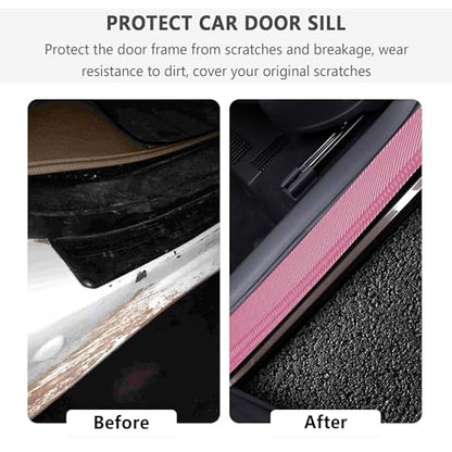 4PCS Car Door Sill Protector with Scraper,Carbon Fiber Car Door Protector Edge Guards for Front Rear Door Sills,Universal Anti-Scratch Car Door Threshold Strips (Pink)