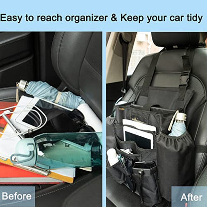 Car Front & Back Seat Organizer with Dedicated Tablet/Laptop Compartment, Passenger Seat File Storage with Cup Holder, Adjustable Backrest, and Padded Shoulder Strap
