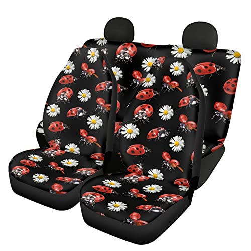 FUSURIRE Ladybug Daisy Print Auto Seat Covers Full Set Cute Car Seat Cover for Women Men, Soft Bucket Seats Protector Universal Fit Car Accessories for SUV Sedan Vans - color: Ladybug Daisy