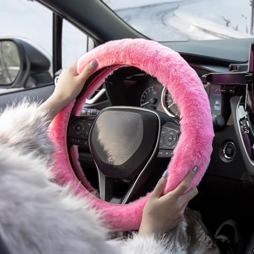 KAFEEK Fluffy Steering Wheel Cover 15 inch, Soft Fuzzy Steering Wheel Cover for Winter Warm, Anti-Slip, Comforting and Luxurious, Pink